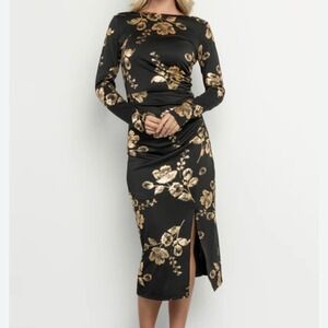 Baltic Born Black Midi Dress with Gold Floral Print